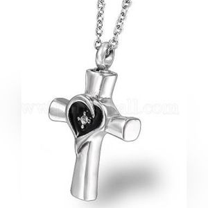 Enamel Cross with Heart Urn Ashes Pendant Necklace with Clear Cubic Zirconia